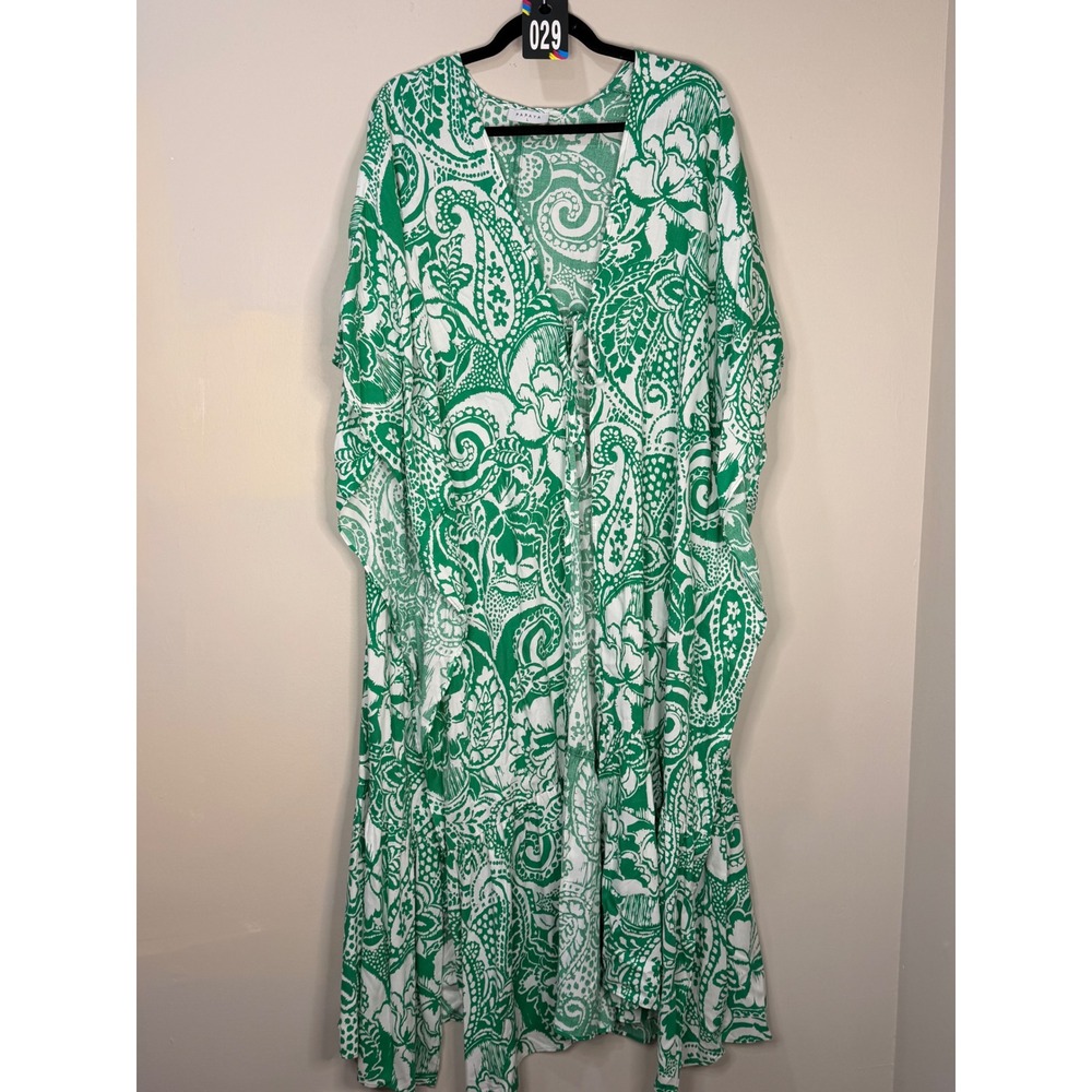 #29 PAPAYA Kaftan Cover up Sz. Large Green Paisley maxi Tie Front